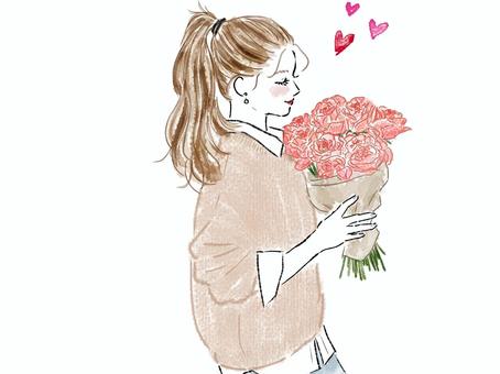 ピンクの花束を持つポニーテール女性の横顔 女性,ブーケ,横顔,ポニーテール,花,プレゼント,お礼,ニット,シャツ,ハートのイラスト素材