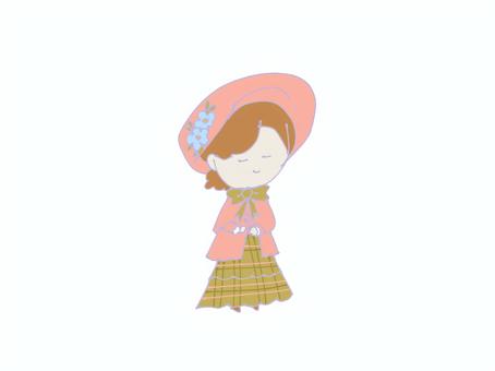 つばのある帽子を被った女の子 女の子,人,帽子,リボン,ケープ,ワンピース,チェック柄のイラスト素材