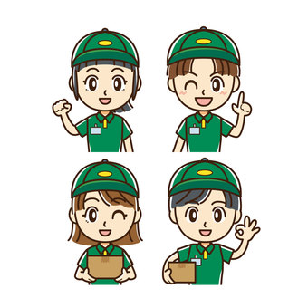 宅配・軽作業スタッフ男女（緑） 宅配,配達,物流,軽作業,男女,男性,女性,若者,帽子,制服のイラスト素材