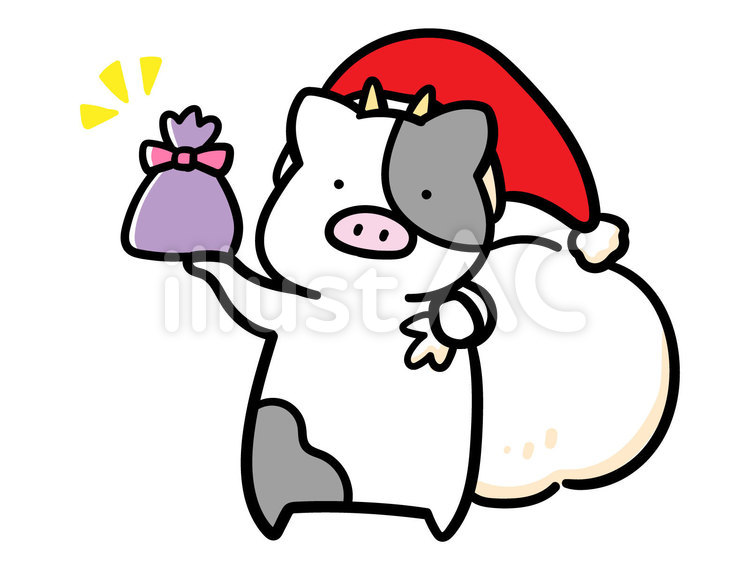 プレゼントを配るサンタうしくんのイラスト サンタクロース,サンタ,うしのイラスト素材
