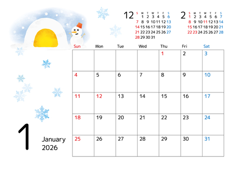 2026年1月カレンダー  雪だるま カレンダー,1月,2026,スケジュール,月間,前月,次月,余白,シンプル,イラストのイラスト素材