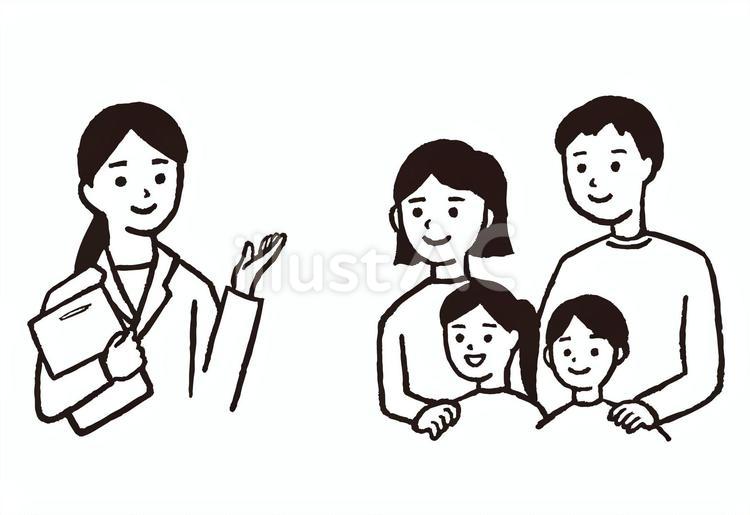 窓口の女性と相談者家族　線画 相談窓口,受付,案内人のイラスト素材