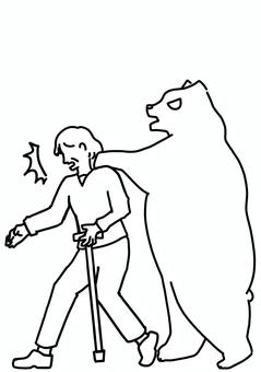 クマに襲われるおばあさん　線画 クマ,おばあさん,びっくり,トラブル,被害,害獣,女性,高齢者,杖,線画のイラスト素材