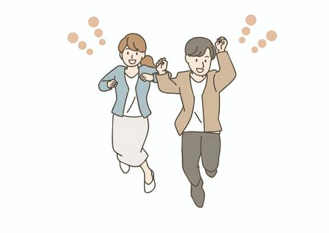 ジャンプするオフィスカジュアルの男女 オフィスカジュアル,ビジネスマン,男女,チーム,ジャンプ,笑顔,協力,ビジネス,成功,達成のイラスト素材