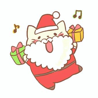 プレゼントを持って踊る猫サンタのイラスト クリスマス,サンタクロース,プレゼント,猫,ゆるい,かわいい,音符,歌う,踊る,イベントのイラスト素材