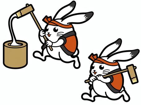 餅つきうさぎ 餅つき,おもち,臼,杵,うさぎ,耳,法被,鉢巻,お正月,伝統のイラスト素材