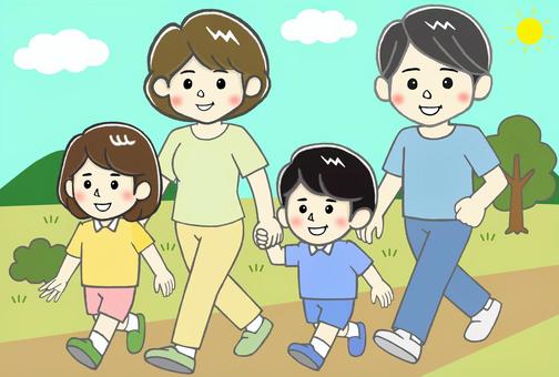 家族みんなで公園でウォーキングしよう！ 家族,運動,スポーツ,歩く,ウォーキング,走る,ジョギング,父親,母親,娘のイラスト素材