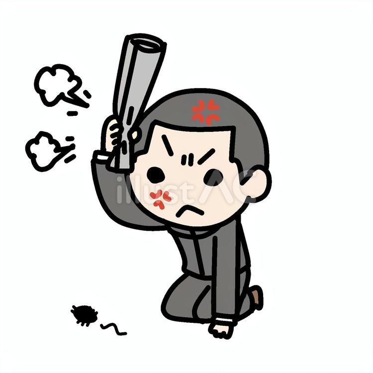 怒って虫を倒そうとする学生少年 少年,害虫,怒るのイラスト素材