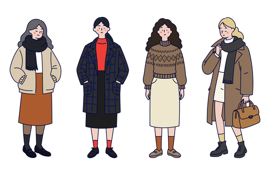 おしゃれな女子の冬の私服コーデセット01 女性,私服,冬,秋,ファッション,スカート,コート,マフラー,ジャケット,ニットのイラスト素材