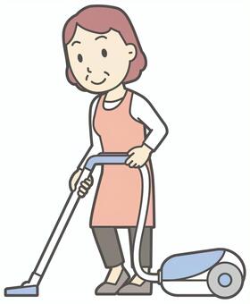  掃除機をかけているエプロンの中年女性 掃除,おばさん,人,女性,中年,おばちゃん,シニア,ママ,主婦,ヘルパーのイラスト素材