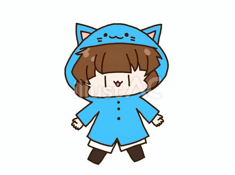 着ぐるみネコ合羽　雨の日の女の子 カッパ,女の子,子どものイラスト素材