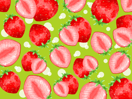 水彩画の苺の背景(緑) 水彩画,いちご,背景,水玉,ピンク,断面,果物,食べ物,フレッシュ,美味しいのイラスト素材