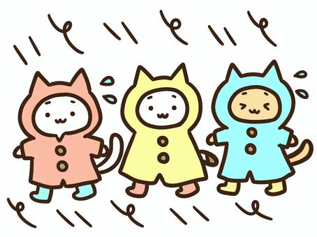 かっぱを着て大雨の中避難するねこ達 大雨,かっぱ,災害,防災,洪水,避難,対策,ねこ,かわいい,台風のイラスト素材