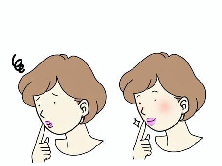 唇の荒れに悩む女性と、唇が潤ってる女性 唇の荒れに悩む女性と、唇が潤ってる女性 女性,唇,肌荒れ,カサつき,潤い,悩み,乾燥,美容のイラスト素材
