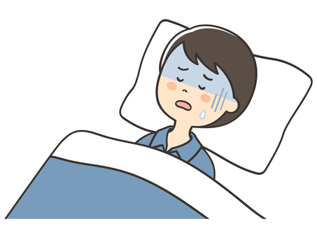 寝苦しい表情の男性 寝苦しい,うなされる,苦しい,しんどい,不調,体調不良,不眠,不眠症,呼吸困難,無呼吸のイラスト素材