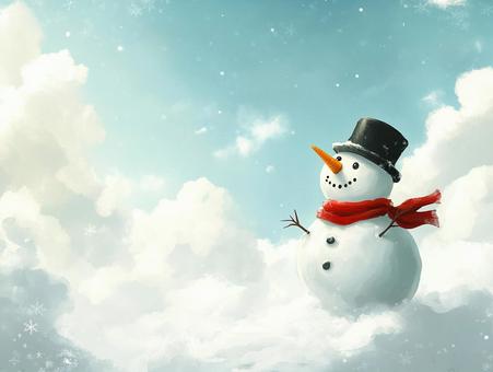 雲の中にいるような雪原の雪だるまと空1
