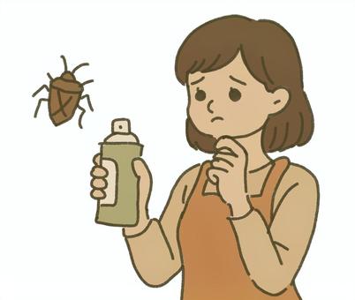 カメムシ対策に悩む女性 カメムシ,害虫,防虫,殺虫剤,スプレー,対策,女性,人物,主婦,エプロンのイラスト素材