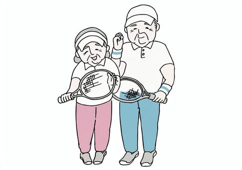 テニスを楽しむ高齢男女-全身 人物,高齢者,老人,お年寄り,中高年,男性,女性,おじいちゃん,おばあちゃん,健康のイラスト素材