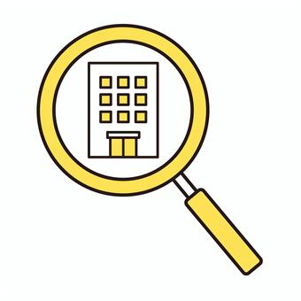  マンションと虫眼鏡（黄色） 不動産,虫眼鏡,アパート,マンション,ビル,ビジネス,アイコン,検査,調査,査定のイラスト素材