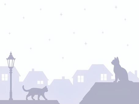 猫と夜の街並のシルエット背景（パープル） 猫,シルエット,背景,夜,街並み,星,テンプレート,動物,壁紙,パープルのイラスト素材