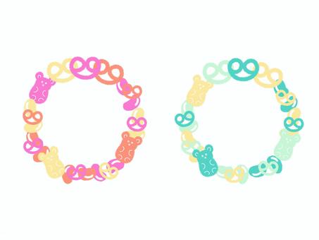 カラフルグミのリース グミ,リース,フレーム,カラフル,かわいい,パステル,素材,枠,飾り枠,手描きのイラスト素材