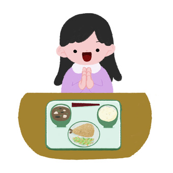 給食前にいただきますをする女の子イラスト 女の子,給食,いただきます,学校,和食,子ども向け,お便り,学校プリント,手描き,カラーのイラスト素材