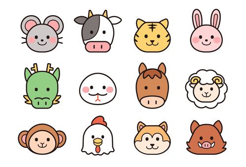 十二支のアイコン一覧　カラフル 十二支,干支,動物,正面,顔,アイコン,一覧,セット,子,ねずみのイラスト素材