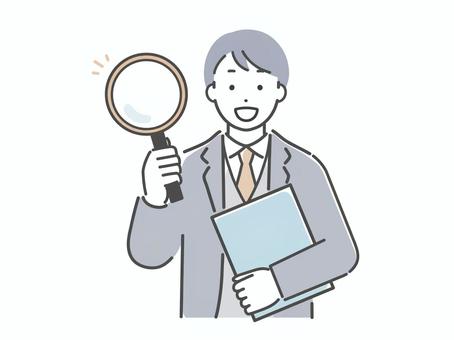 虫眼鏡を持つスーツの男性 男性,人物,若い,虫眼鏡,スーツ,サラリーマン,調べる,検査,検索,会社員のイラスト素材