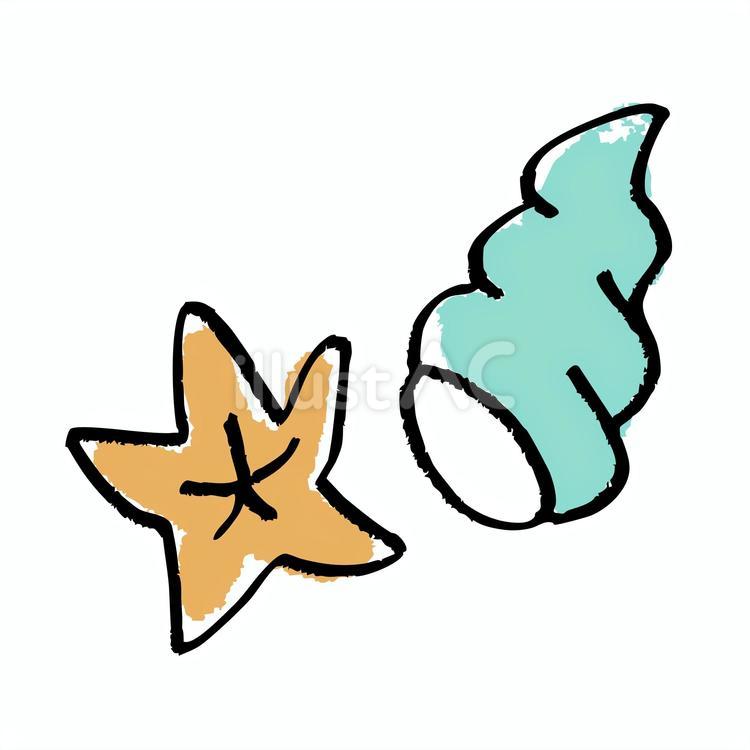手書き風のかわいいヒトデと貝のイラスト ヒトデ,貝,海のイラスト素材