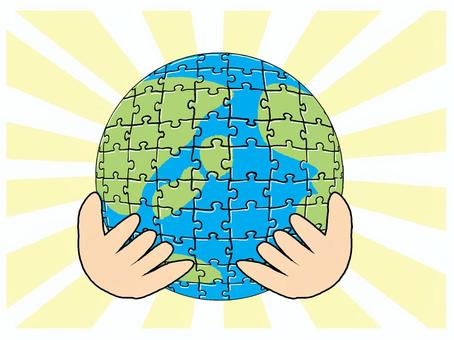 光る地球のパズル 地球,パズル,光,手,守る,イメージ,pop調,手描き,挿絵,ワンポイントのイラスト素材