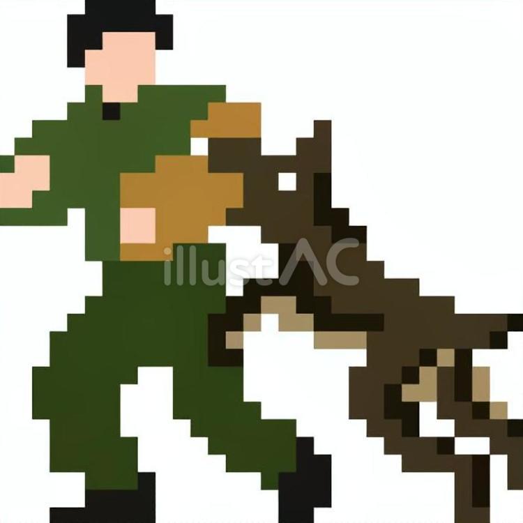 ドット絵の緑の訓練士と警察犬です。 ドット絵,訓練士,警察犬のイラスト素材