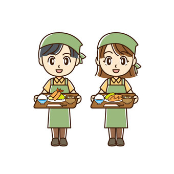 定食を運ぶ男女 エプロン,男女,男性,女性,店員,料理,三角巾,笑顔,飲食店,定食屋のイラスト素材