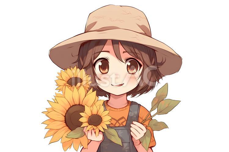 ひまわりと女の子イラスト - No: 24044386｜無料イラスト