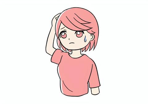 桃色の女の子が頭を抱えているイラスト 女の子,悩む,汗,かわいい,手描き,ピンク,シンプル,頭を抱える,うーん,えーっとのイラスト素材