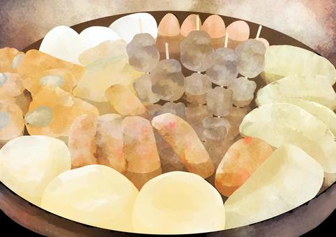熱々おでん おでん,熱々,鍋,大根,玉子,牛すじ,ジャガイモ,練り物,餅巾着,ウインナーのイラスト素材