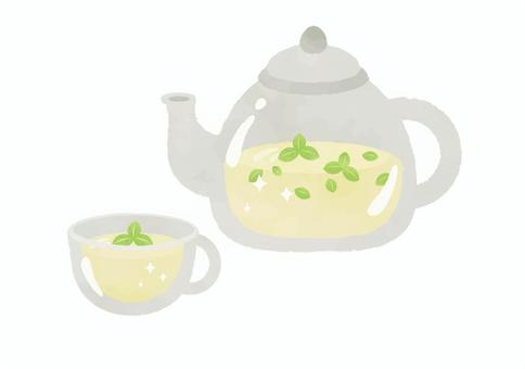 シンプルなミントティーのイラスト ミントティー,ミント,植物,ハーブティー,飲み物,ティーカップ,ティーポット,ハーブ,シンプル,ドリンクのイラスト素材