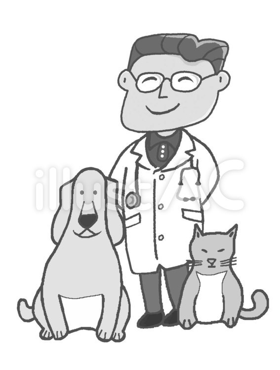 犬と猫と並ぶ誠実そうな獣医／男性／白黒 笑顔,誠実,ベテランのイラスト素材