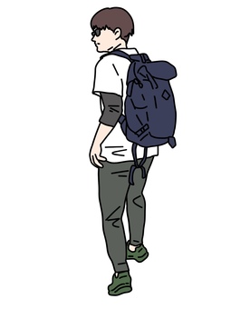 リュックを背負う男性 男性,ズボン,半袖,リュック,サングラス,重ね着,長ズボン,歩く,登山,ハイキングのイラスト素材
