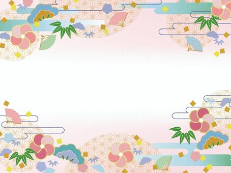 和風フレーム、お正月・年賀状背景 和風,フレーム,松,竹,梅,植物,麻の葉,文様,雲文様,扇のイラスト素材