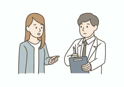 女性から話を聞く医師 従事者,医師,薬剤師,白衣,ナース,人物,男性,女性,セット,ポーズのイラスト素材