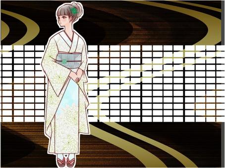 お団子ヘアの着物女子：（ふすま背景）