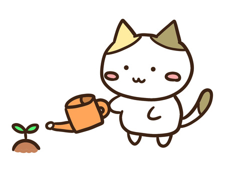 双葉に水やりするかわいい三毛猫 双葉に水やりするかわいい三毛猫 水やり,ジョウロ,持つ,水,育てる,ねこ,かわいい,手書き,ゆるい,シンプルのイラスト素材
