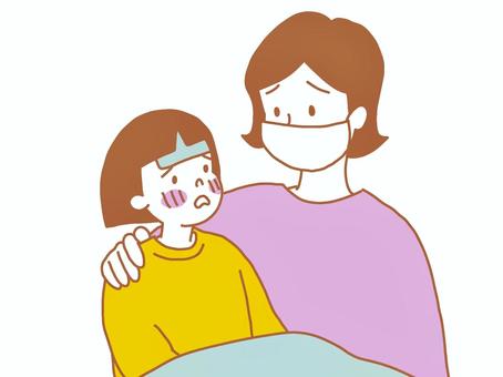 子供を看病する母親 子供,女の子,看病,ママ,母,熱,風邪,感染症,マスク,心配のイラスト素材