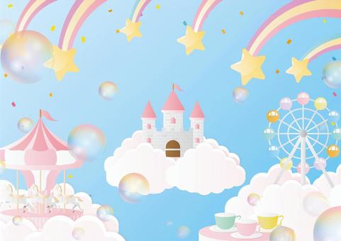青空と空想の可愛い遊園地 遊園地,青空,雲,城,観覧車,メリーゴーランド,コーヒーカップ,流星,しゃぼん玉,虹のイラスト素材