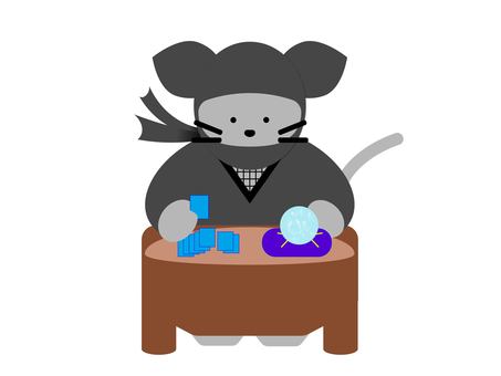 忍者マウス＿占い師 忍者,ネズミ,動物,占い師,タロットカード,水晶玉,テーブル,かわいい,シンプルのイラスト素材