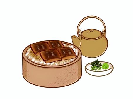 ひつまぶし 単品  ひつまぶし,うなぎ,食べ物,単品,急須,薬味,手描きのイラスト素材