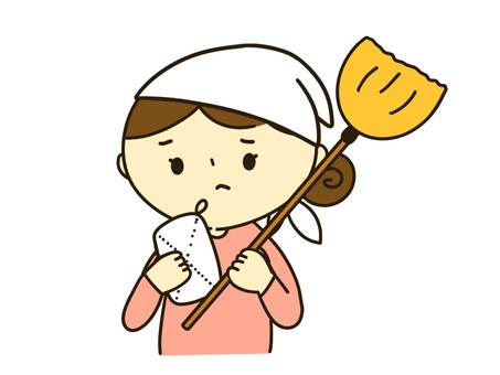 女性・大掃除（面倒） 女性,大掃除,雑巾,ほうき,はたき,三角巾,ほっかむり,面倒,めんどくさい,やる気なしのイラスト素材