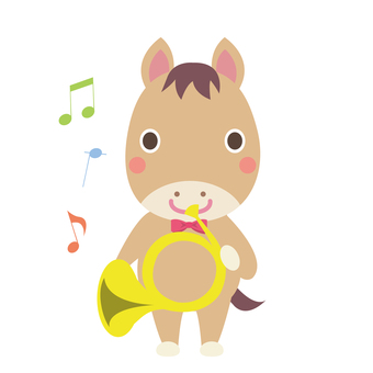 ホルンを吹く午年の馬 午,馬,ホルン,午年,音符,金管楽器,音楽,楽器,演奏,吹奏楽のイラスト素材