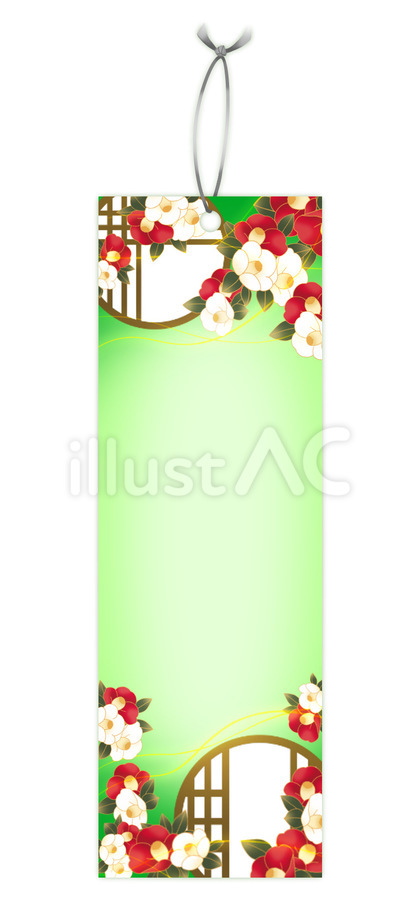 緑の椿の花柄短冊のイラスト