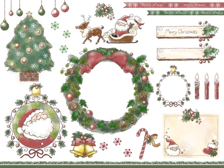 クリスマス素材セット クリスマス,サンタクロース,トナカイ,そり,ツリー,リース,リボン,ベル,キャンドル,ガーランドのイラスト素材
